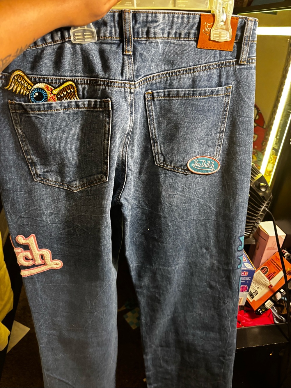 Von Dutch Blue Denim Jeans with Pink & Teal Patches - Picture 3 of 8